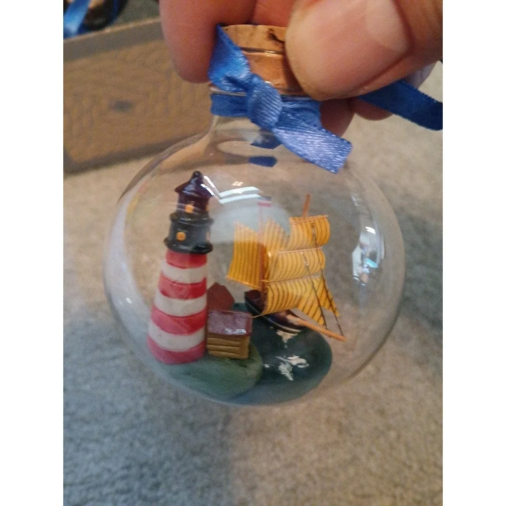 Authentic Models Lighthouse Ornaments Set of 3 Glass Spheres Nautical Decor Open